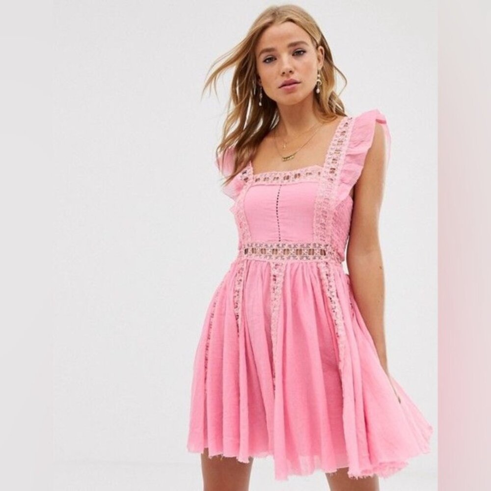 Free People Verona Lace Crochet, Cotton Mini Dress - Pink - Size Small